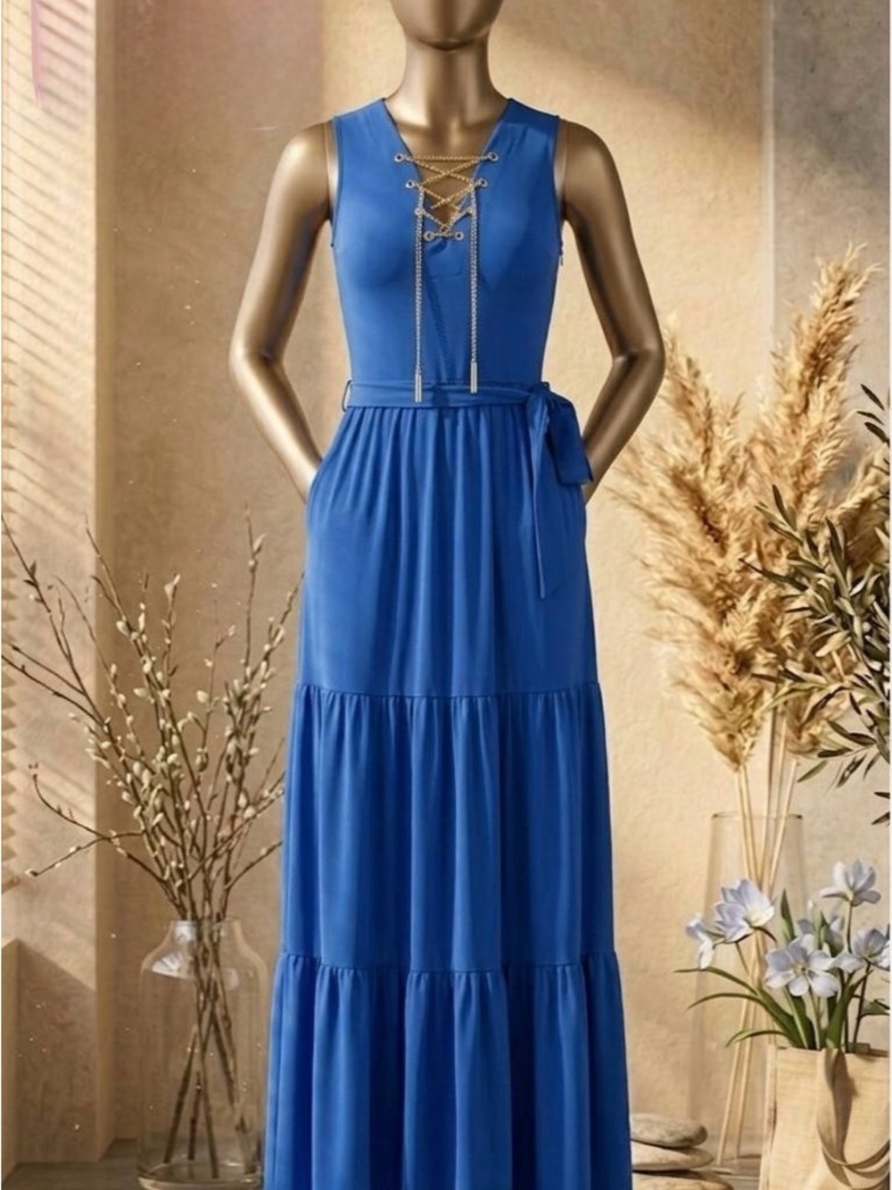 MICHAEL Michael Kors Royal Blue Lace-Up Sleeveless Maxi Dress